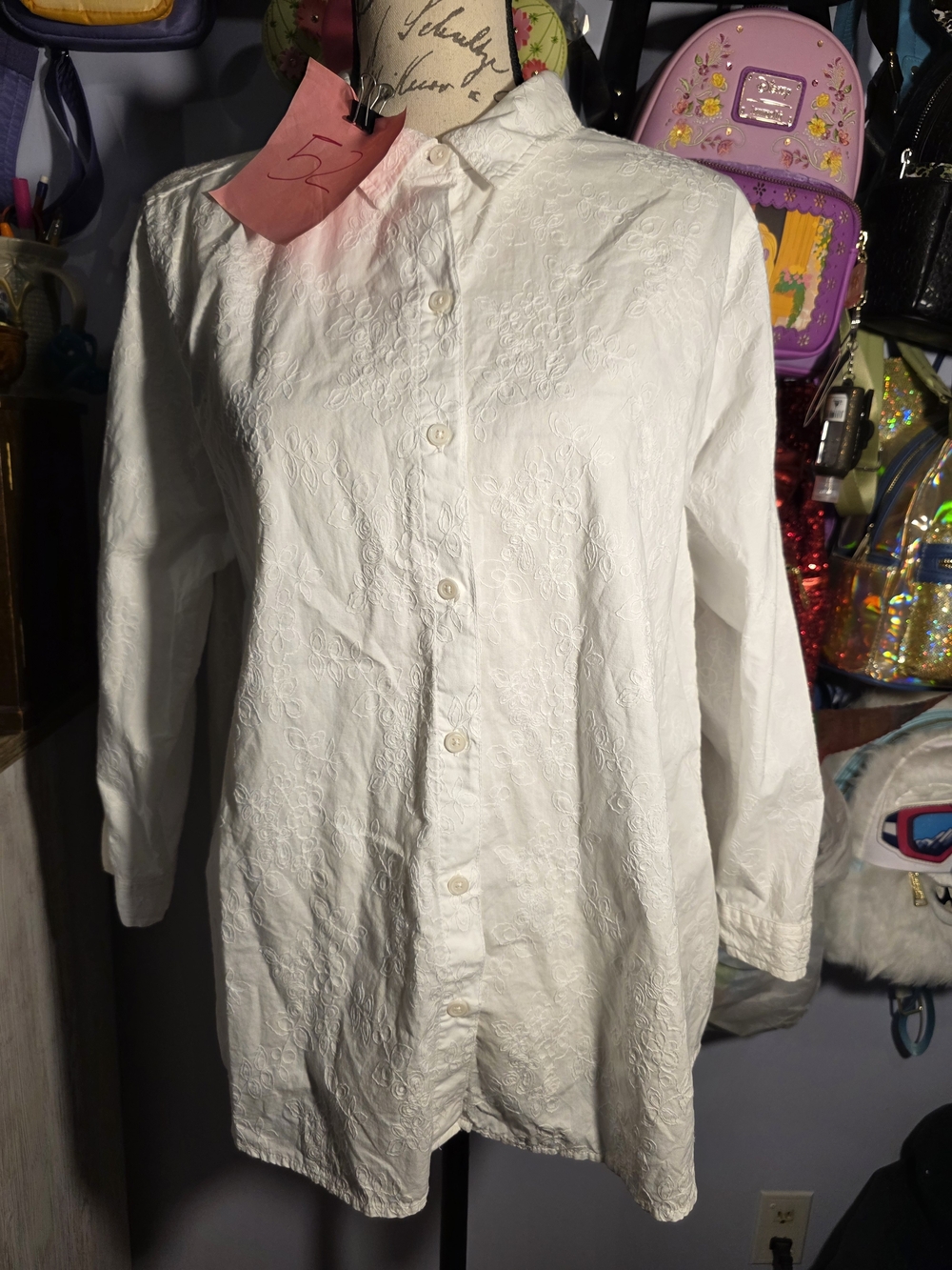 Croft And Barrow White Button Up Blouse Size Xlarge Floral Knit